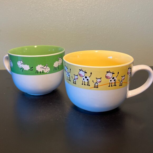 Set of 2 COW and SHEEP Oversized Wide-Mouth Ceramic Mugs / Bowls ~ Farm Animals - Picture 3 of 13